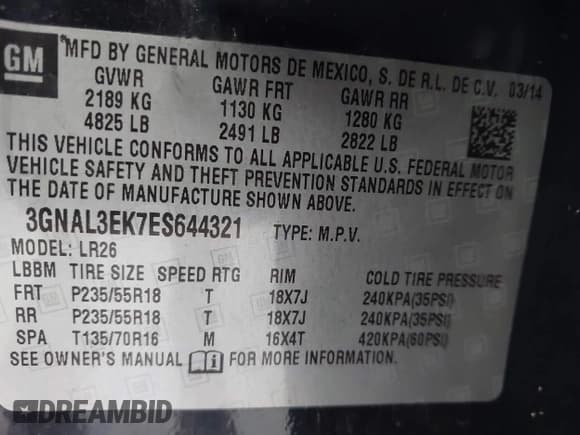 ✅ 2014 Chevrolet Captiva Sport LT • VIN: 3GNAL3EK7ES644321 • Lot: 42444250. Wystawiony na IAAI z przebiegiem 104 616 mil. Bezpłatny archiwum sprzedaży aukcyjnych z USA i szczegółowy raport historii pojazdu na DreamBid. Zdjęcie 9.