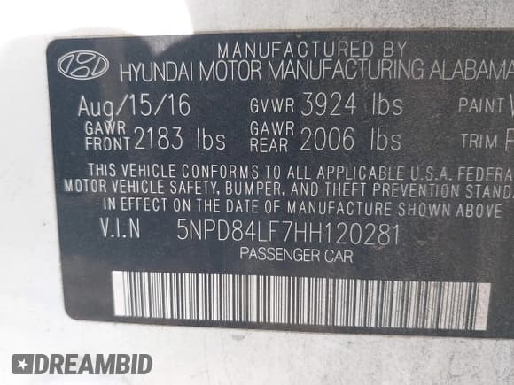 ✅ 2017 Hyundai Elantra Limited • VIN: 5NPD84LF7HH120281 • Lot: 43758498. Listed on IAAI with 188,618 mi. Free auction sales archive from the USA and detailed vehicle history report at DreamBid. Image 9.