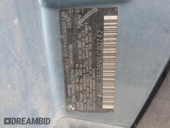 ✅ 1997 BMW 3 Series Z3 2.8 • VIN: 4USCJ3326VLC02742 • Lot: 90434835. Wystawiony na Copart z przebiegiem Nie podano. Bezpłatny archiwum sprzedaży aukcyjnych z USA i szczegółowy raport historii pojazdu na DreamBid. Zdjęcie 12.