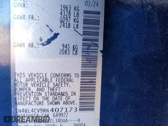 ✅ 2024 Nissan Altima SR • VIN: 1N4BL4CV9RN407173 • Lot: 90386495. Wystawiony na Copart z przebiegiem 9 598 mil. Bezpłatny archiwum sprzedaży aukcyjnych z USA i szczegółowy raport historii pojazdu na DreamBid. Zdjęcie 12.