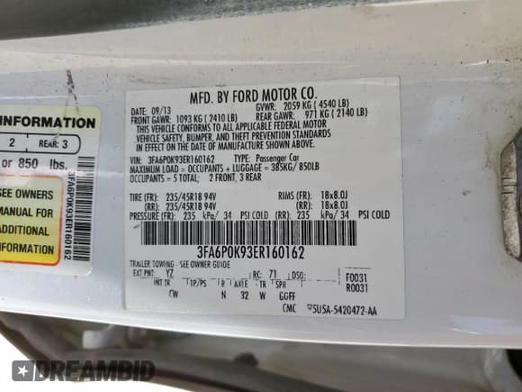 ✅ 2014 Ford Fusion Titanium • VIN: 3FA6P0K93ER160162 • Lot: 67230035. Listed on Copart with 175,530 mi. Free auction sales archive from the USA and detailed vehicle history report at DreamBid. Image 12.