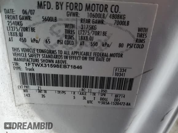 ✅ 2008 Ford F-350 XL • VIN: 1FTWX31598EB71846 • Лот: 54018915. Опубликован ранее на Copart с пробегом 196 802 миль. Бесплатный доступ к архиву аукционных продаж из США и подробный отчёт об истории автомобиля на DreamBid. Изображение 12.