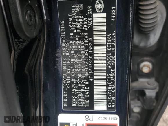 2012 Toyota Camry SE Sport Limited Edition with VIN 4T1BF1FK0CU159258, listed as a Copart auction lot 81541095 with 190,629 mi miles and Salvage title. Bid and sale history available at DreamBid. Image 12.