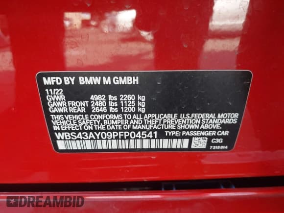 ✅ 2023 BMW M3 Competition xDrive • VIN: WBS43AY09PFP04541 • Лот: 41140882. Опубликован ранее на IAAI с пробегом 39 330 миль. Бесплатный доступ к архиву аукционных продаж из США и подробный отчёт об истории автомобиля на DreamBid. Изображение 9.