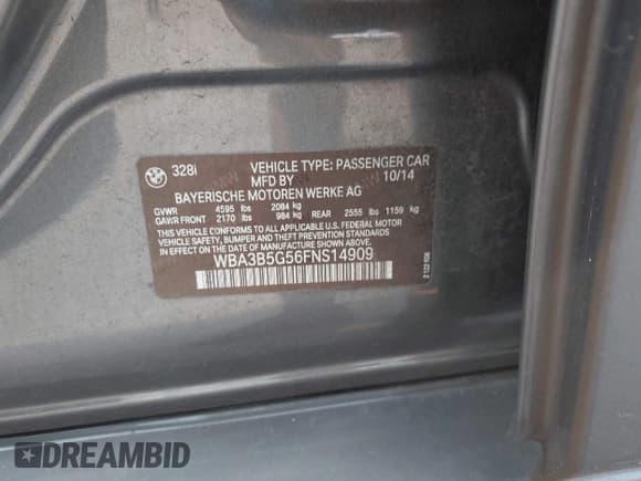 ✅ 2015 BMW 3 Series 328i xDrive • VIN: WBA3B5G56FNS14909 • Lot: 42920298. Listed on IAAI with 138,671 mi. Free auction sales archive from the USA and detailed vehicle history report at DreamBid. Image 9.