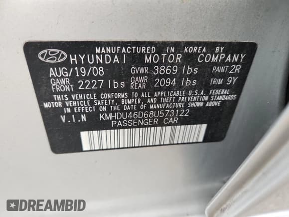 ✅ 2008 Hyundai Elantra GLS • VIN: KMHDU46D68U573122 • Lot: 82678355. Listed on Copart with 144,192 mi. Free auction sales archive from the USA and detailed vehicle history report at DreamBid. Image 12.