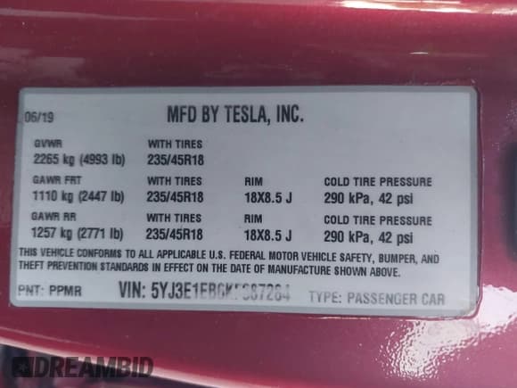 ✅ 2019 Tesla Model 3 Long Range • VIN: 5YJ3E1EB6KF387284 • Lot: 43662439. Listed on IAAI with 44,817 mi. Free auction sales archive from the USA and detailed vehicle history report at DreamBid. Image 9.