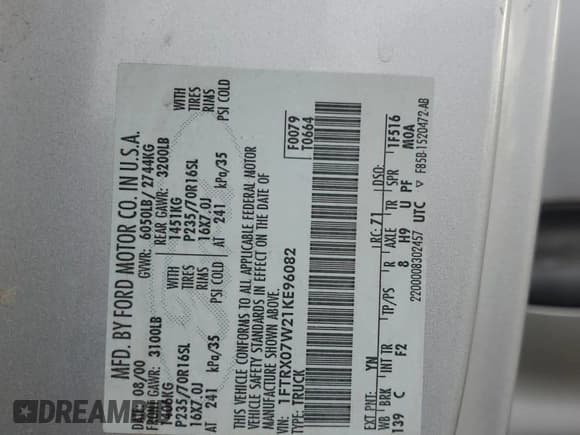 ✅ 2001 Ford F-150 XL • VIN: 1FTRX07W21KE96082 • Lot: 85167754. Listed on Copart with Not provided. Free auction sales archive from the USA and detailed vehicle history report at DreamBid. Image 12.