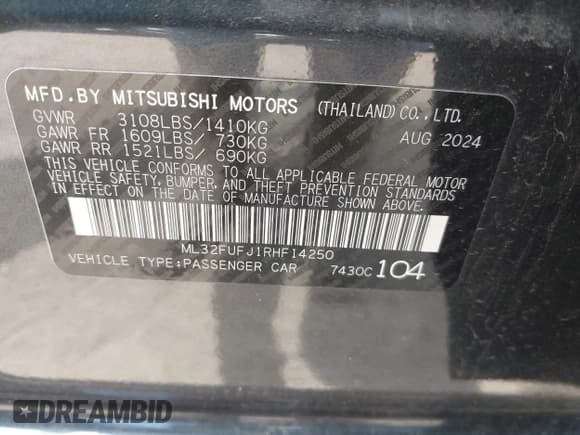 ✅ 2024 Mitsubishi Mirage ES • VIN: ML32FUFJ1RHF14250 • Lot: 42383787. Wystawiony na IAAI z przebiegiem 5 869 mil. Bezpłatny archiwum sprzedaży aukcyjnych z USA i szczegółowy raport historii pojazdu na DreamBid. Zdjęcie 9.
