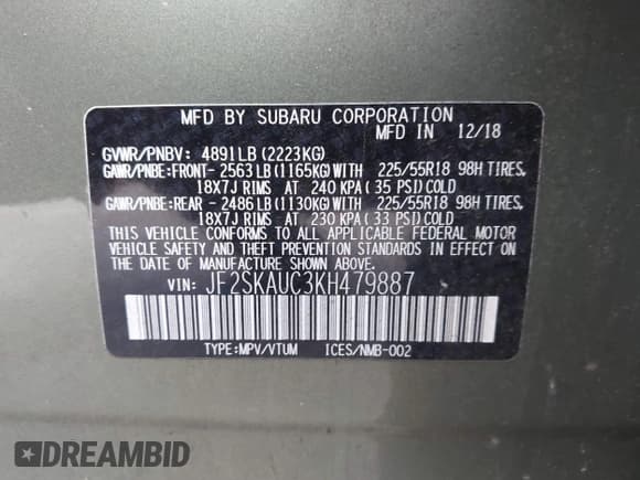 ✅ 2019 Subaru Forester Limited • VIN: JF2SKAUC3KH479887 • Лот: 43587592. Опубликован ранее на IAAI с пробегом 135 743 миль. Бесплатный доступ к архиву аукционных продаж из США и подробный отчёт об истории автомобиля на DreamBid. Изображение 9.