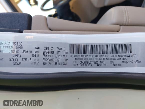 ✅ 2020 Jeep Grand Cherokee Limited • VIN: 1C4RJFBG7LC173213 • Lot: 43405326. Listed on IAAI with 66,212 mi. Free auction sales archive from the USA and detailed vehicle history report at DreamBid. Image 9.