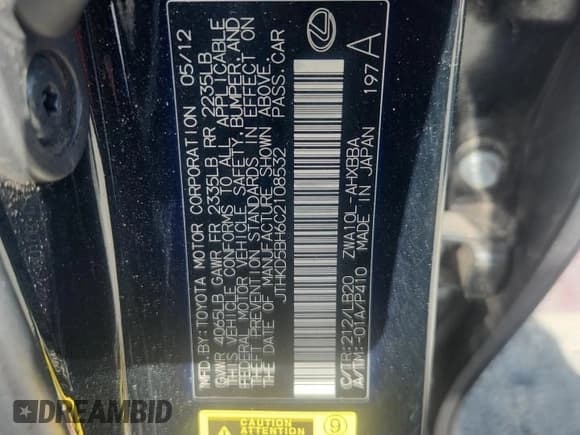 ✅ 2012 Lexus CT 200h Premium • VIN: JTHKD5BH6C2108532 • Lot: 82416345. Listed on Copart with 195,097 mi. Free auction sales archive from the USA and detailed vehicle history report at DreamBid. Image 12.