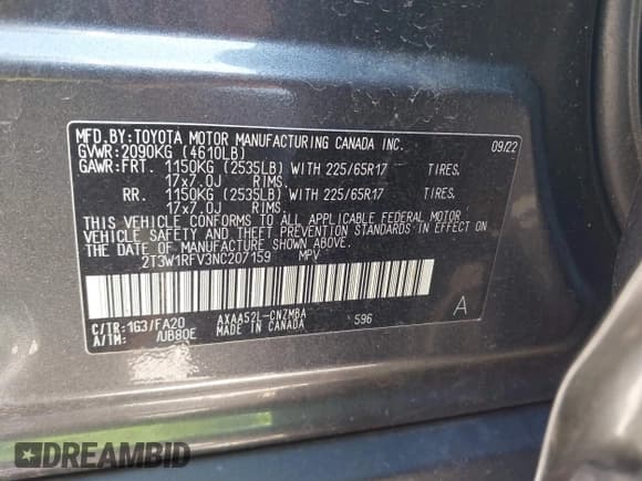 ✅ 2022 Toyota RAV4 XLE • VIN: 2T3W1RFV3NC207159 • Lot: 42839066. Listed on IAAI with 37,660 mi. Free auction sales archive from the USA and detailed vehicle history report at DreamBid. Image 9.