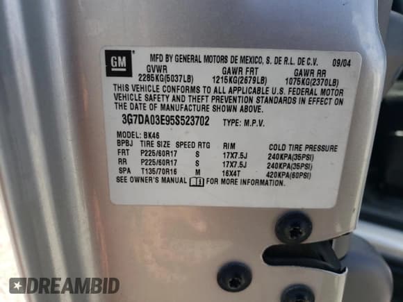 ✅ 2005 Pontiac Aztek • VIN: 3G7DA03E95S523702 • Lot: 52101405. Listed on Copart with 244,583 mi. Free auction sales archive from the USA and detailed vehicle history report at DreamBid. Image 12.