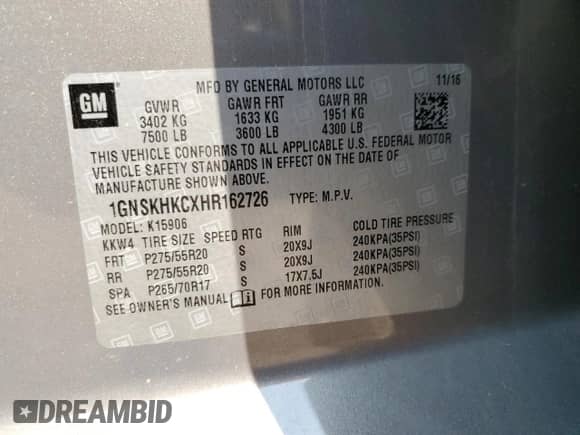 2017 Chevrolet Suburban LT z VIN 1GNSKHKCXHR162726, wystawiony jako Copart lot #63658314 z przebiegiem 137 066 mil mil oraz Szkoda całkowita • Salvage title. Historia ofert i sprzedaży dostępna na DreamBid. Obrazek 13.