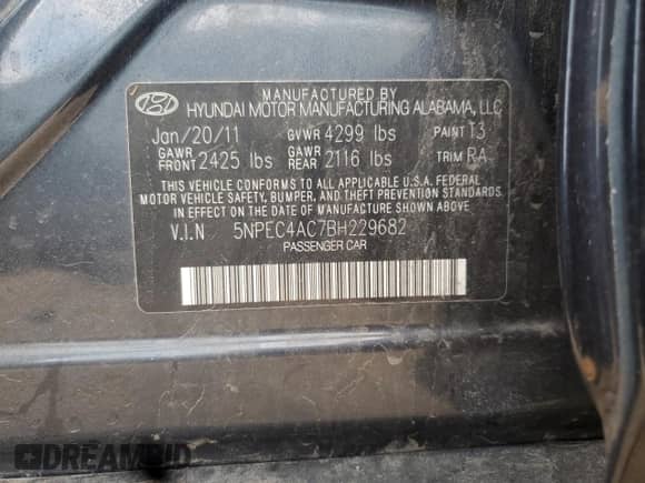 2011 Hyundai Sonata Limited with VIN 5NPEC4AC7BH229682, listed as a Copart auction lot 87093545 with 79,452 mi miles and Salvage title. Bid and sale history available at DreamBid. Image 12.