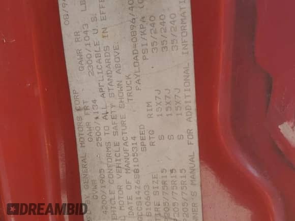 1995 Chevrolet S-10 с VIN 1GCCS14Z6S8105314, выставлен на аукционе Copart как лот 80281704 с пробегом 108 142 миль миль и Списание • Salvage title. История ставок и продаж доступна на DreamBid. Изображение 13.