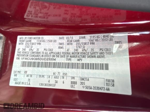 ✅ 2013 Ford Escape SE • VIN: 1FMCU9G95DUD25554 • Лот: 51872585. Опубликован ранее на Copart с пробегом Не указан. Бесплатный доступ к архиву аукционных продаж из США и подробный отчёт об истории автомобиля на DreamBid. Изображение 10.