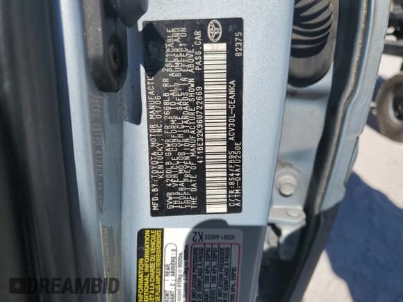 ✅ 2006 Toyota Camry LE • VIN: 4T1BE32K96U722669 • Lot: 92590215. Listed on Copart with 257,601 mi. Free auction sales archive from the USA and detailed vehicle history report at DreamBid. Image 13.