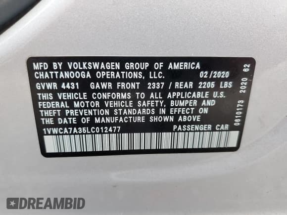 ✅ 2020 Volkswagen Passat SEL • VIN: 1VWCA7A35LC012477 • Lot: 71552745. Wystawiony na Copart z przebiegiem 58 512 mil. Bezpłatny archiwum sprzedaży aukcyjnych z USA i szczegółowy raport historii pojazdu na DreamBid. Zdjęcie 12.