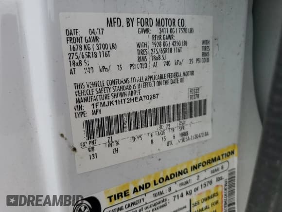 ✅ 2017 Ford Expedition Max XLT • VIN: 1FMJK1HT2HEA70287 • Lot: 56202935. Listed on Copart with 159,681 mi. Free auction sales archive from the USA and detailed vehicle history report at DreamBid. Image 13.