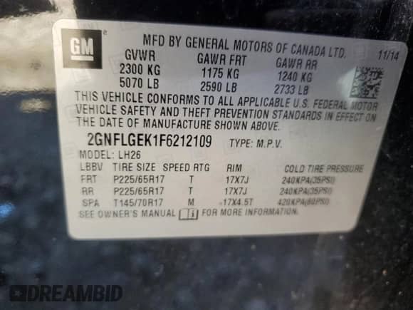 2015 Chevrolet Equinox LT z VIN 2GNFLGEK1F6212109, wystawiony jako Copart lot #86817325 z przebiegiem 127 915 mil mil oraz Szkoda całkowita • Salvage title. Historia ofert i sprzedaży dostępna na DreamBid. Obrazek 14.