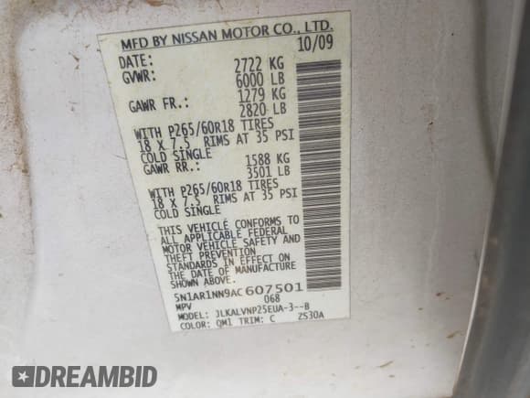 ✅ 2010 Nissan Pathfinder SE • VIN: 5N1AR1NN9AC607501 • Lot: 41751274. Listed on IAAI with 129,866 mi. Free auction sales archive from the USA and detailed vehicle history report at DreamBid. Image 9.