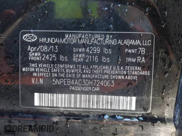 2013 Hyundai Sonata GLS с VIN 5NPEB4AC3DH724063, выставлен на аукционе IAAI как лот 43406189 с пробегом 95 235 миль миль и . История ставок и продаж доступна на DreamBid. Изображение 9.