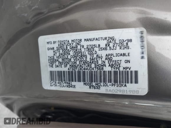 ✅ 1998 Toyota Sienna LE • VIN: 4T3ZF13C4WU047568 • Лот: 42062449. Опубликован ранее на IAAI с пробегом 130 019 миль. Бесплатный доступ к архиву аукционных продаж из США и подробный отчёт об истории автомобиля на DreamBid. Изображение 9.