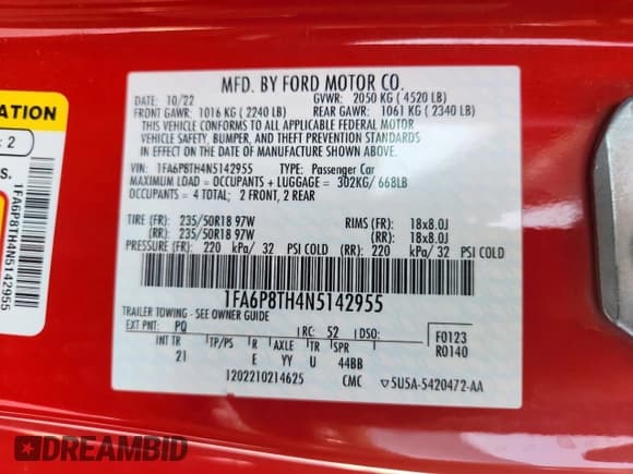 ✅ 2022 Ford Mustang EcoBoost Premium • VIN: 1FA6P8TH4N5142955 • Lot: 71636385. Listed on Copart with 59,405 mi. Free auction sales archive from the USA and detailed vehicle history report at DreamBid. Image 13.