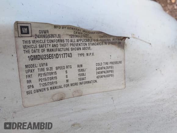 ✅ 2001 Pontiac Montana 6-Passenger Seating • VIN: 1GMDU23E61D117743 • Lot: 43202460. Wystawiony na IAAI z przebiegiem 272 870 mil. Bezpłatny archiwum sprzedaży aukcyjnych z USA i szczegółowy raport historii pojazdu na DreamBid. Zdjęcie 9.