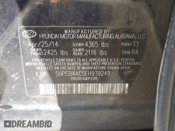 2014 Hyundai Sonata GLS with VIN 5NPEB4AC5EH939249, listed as a IAAI auction lot 43330278 with 187,937 mi miles and . Bid and sale history available at DreamBid. Image 9.