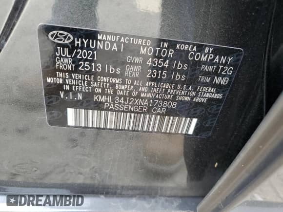 ✅ 2022 Hyundai Sonata Limited • VIN: KMHL34J2XNA173808 • Lot: 62831712. Listed on Copart with 37,076 mi miles. Access the free auction sales archive from the USA and view a detailed vehicle history report at DreamBid. Image 10.
