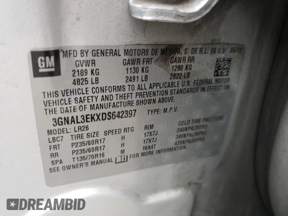 ✅ 2013 Chevrolet Captiva Sport LT • VIN: 3GNAL3EKXDS642397 • Lot: 57118035. Wystawiony na Copart z przebiegiem Nie podano. Bezpłatny archiwum sprzedaży aukcyjnych z USA i szczegółowy raport historii pojazdu na DreamBid. Zdjęcie 13.