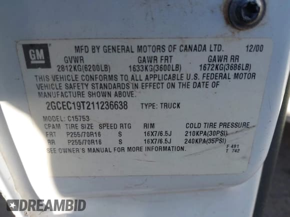 ✅ 2001 Chevrolet Silverado 1500 LT • VIN: 2GCEC19T211236638 • Лот: 43646322. Опубликован ранее на IAAI с пробегом 229 716 миль. Бесплатный доступ к архиву аукционных продаж из США и подробный отчёт об истории автомобиля на DreamBid. Изображение 9.