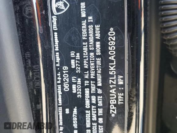 ✅ 2019 Lamborghini Urus • VIN: ZPBUA1ZL5KLA05920 • Lot: 77093634. Listed on Copart with 56,532 mi. Free auction sales archive from the USA and detailed vehicle history report at DreamBid. Image 13.