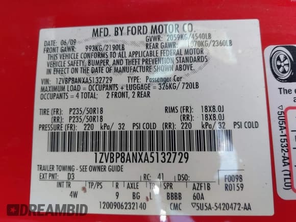 ✅ 2010 Ford Mustang V6 • VIN: 1ZVBP8ANXA5132729 • Lot: 43088992. Listed on IAAI with 135,526 mi. Free auction sales archive from the USA and detailed vehicle history report at DreamBid. Image 9.