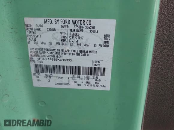 ✅ 2009 Ford F-150 • VIN: 1FTRF14889KC15333 • Lot: 42020431. Listed on IAAI with 150,135 mi. Free auction sales archive from the USA and detailed vehicle history report at DreamBid. Image 9.