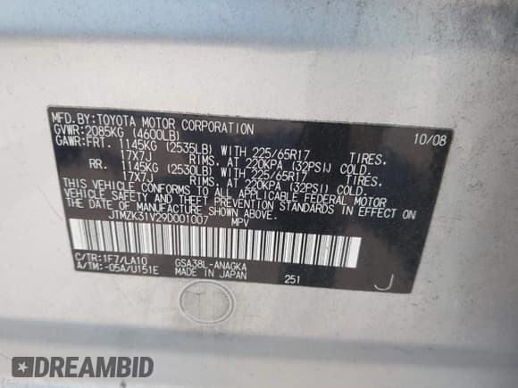 ✅ 2009 Toyota RAV4 Limited • VIN: JTMZK31V29D001007 • Lot: 42425140. Listed on IAAI with 210,757 mi. Free auction sales archive from the USA and detailed vehicle history report at DreamBid. Image 9.