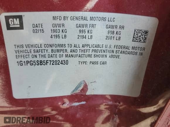 2015 Chevrolet Cruze LTZ z VIN 1G1PG5SB5F7202430, wystawiony jako Copart lot #84404245 z przebiegiem 51 442 mil mil oraz Szkoda całkowita • Salvage title. Historia ofert i sprzedaży dostępna na DreamBid. Obrazek 12.