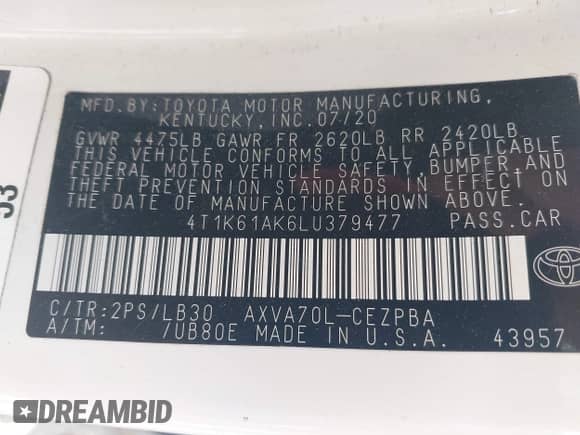 2020 Toyota Camry XSE with VIN 4T1K61AK6LU379477, listed as a IAAI auction lot 43160431 with 74,228 mi miles and . Bid and sale history available at DreamBid. Image 9.