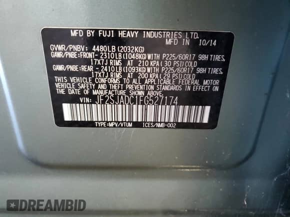 2015 Subaru Forester Premium with VIN JF2SJADC1FG527174, listed as a Copart auction lot 63312005 with 76,204 mi miles and Salvage title. Bid and sale history available at DreamBid. Image 14.