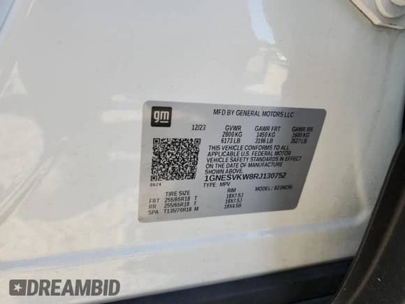 2024 Chevrolet Traverse LT Cloth с VIN 1GNESVKW8RJ130752, выставлен на аукционе Copart как лот 65315105 с пробегом 26 096 миль миль и Списание • Salvage title. История ставок и продаж доступна на DreamBid. Изображение 12.
