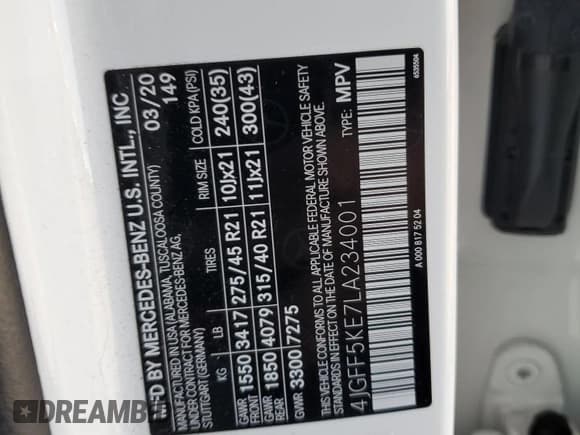 ✅ 2020 Mercedes-Benz GLS 450 • VIN: 4JGFF5KE7LA234001 • Lot: 56356685. Listed on Copart with 87,292 mi. Free auction sales archive from the USA and detailed vehicle history report at DreamBid. Image 13.