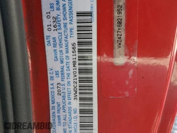 ✅ 2001 Volkswagen Cabriolet GLX • VIN: 3VWDC21V01M811565 • Lot: 77256104. Listed on Copart with 126,494 mi. Free auction sales archive from the USA and detailed vehicle history report at DreamBid. Image 12.