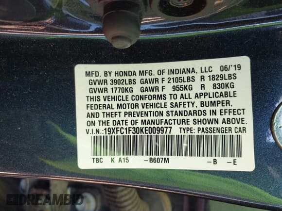 ✅ 2019 Honda Civic EX • VIN: 19XFC1F30KE009977 • Lot: 43429352. Listed on IAAI with 30,532 mi. Free auction sales archive from the USA and detailed vehicle history report at DreamBid. Image 9.