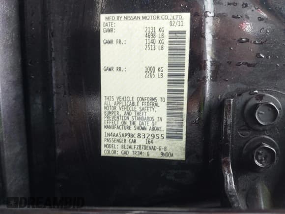 ✅ 2011 Nissan Maxima SV • VIN: 1N4AA5AP9BC832955 • Lot: 42987589. Listed on IAAI with 217,895 mi. Free auction sales archive from the USA and detailed vehicle history report at DreamBid. Image 9.