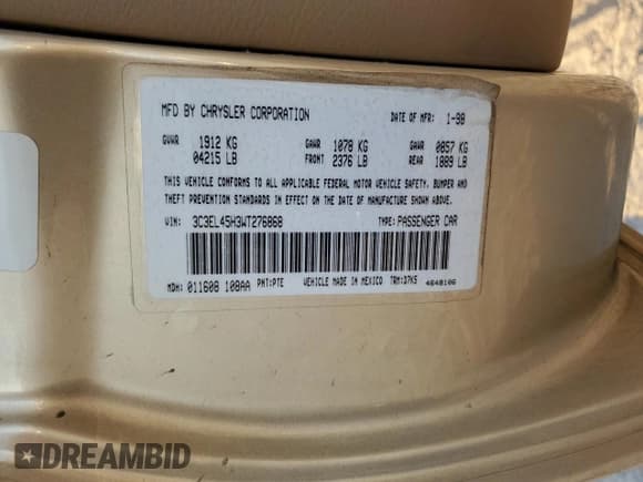 ✅ 1998 Chrysler Sebring JX • VIN: 3C3EL45H3WT276868 • Лот: 75484314. Опубликован ранее на Copart с пробегом 75 317 миль. Бесплатный доступ к архиву аукционных продаж из США и подробный отчёт об истории автомобиля на DreamBid. Изображение 12.