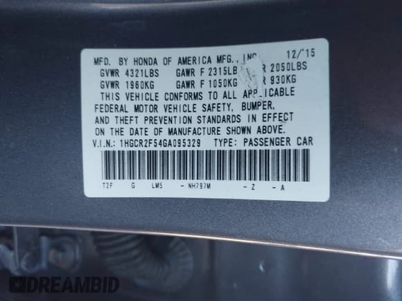 ✅ 2016 Honda Accord Sport • VIN: 1HGCR2F54GA095329 • Lot: 43582844. Listed on IAAI with 153,921 mi. Free auction sales archive from the USA and detailed vehicle history report at DreamBid. Image 9.