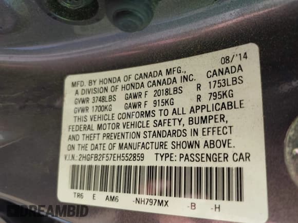 ✅ 2014 Honda Civic LX • VIN: 2HGFB2F57EH552859 • Lot: 43387845. Listed on IAAI with 129,780 mi. Free auction sales archive from the USA and detailed vehicle history report at DreamBid. Image 9.